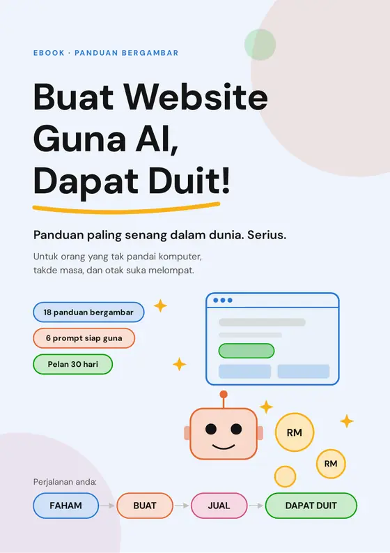 Kulit ebook Buat Website Guna AI, Dapat Duit!: panduan bergambar dengan Robi dan empat perhentian, Faham, Buat, Jual dan Dapat duit.